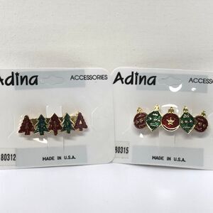 Vintage Christmas Hair Clip Set of 2 Red Green Trees Ornaments Enamel Gold Tone